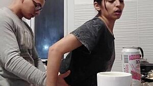 she stops cooking to bend over for his thick cock in the kitchen