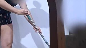 Husband captures wife scrubbing floor in skimpy outfit