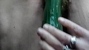 granny stuffs hairy beaver deep with thick cucumber