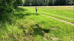 stretching her tight runner holes with cock blowjob and cumshot outdoors