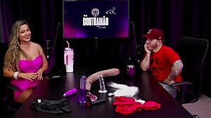 she rubs vibrator on wet pussy after bathroom fuck talk in liberal couple casting