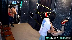 Amateur Milf Sucks Monster Cocks Through Glory Hole Then Gets Bent Over for Gangbang Fucks