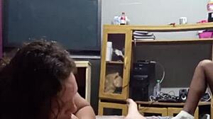 Wife skips cleaning to suck my cock with her saggy tits out.