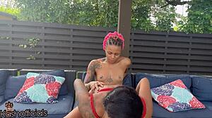 Kashofficials bent over bound outside taking big clit strapon doggystyle