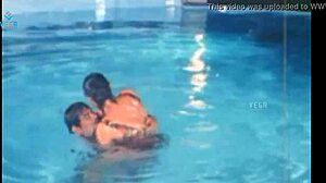 Hot unmarried couple with big tits enjoys intimate poolside moments