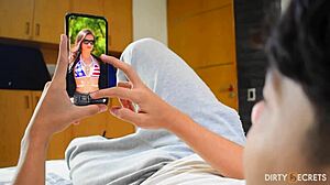 stepmom in lingerie fucks stepson hard while husband waits outside bedroom door