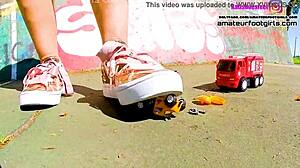 Kati the giantess crushes toy cars stomping plastic under sneakers