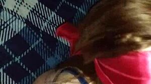 Girlfriend sucking old friend blindfolded, doesn't know she's filmed close up