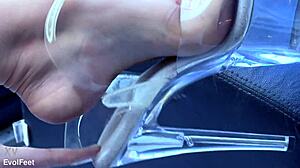 her brunette goddess chokes him deep on pleaser heels while he jerks