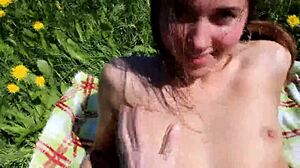 Skinny teen stranger drops to knees for POV blowjob and facial cumshot outdoors