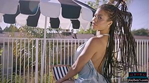 EBONY KIRA NOIR STRIPS big TITS ASS outdoors for playboy