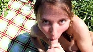 Skinny teen stranger drops to knees for POV blowjob and facial cumshot outdoors