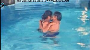 Hot unmarried couple with big tits enjoys intimate poolside moments