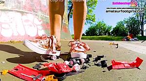 Kati the giantess crushes toy cars stomping plastic under sneakers