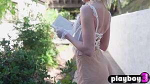 tiny blonde strips garden lingerie rips bubble butt posing