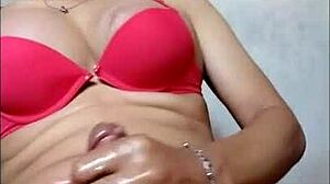 Red Bra Shemale Mitha Waria Ladyboy Jerks Crossdressing Cock Till Explosive Cumshot