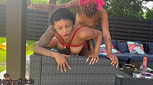 Kashofficials bent over bound outside taking big clit strapon doggystyle