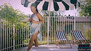 EBONY KIRA NOIR STRIPS big TITS ASS outdoors for playboy