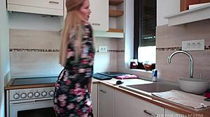 blonde housewife shakes her big tits while dancing wet pussy exposed in kitchen solo tease