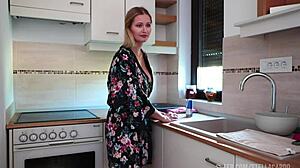 blonde housewife shakes her big tits while dancing wet pussy exposed in kitchen solo tease