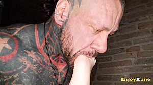 Tatted brunette deepthroats cock then rides cowgirl with rimjob and wet pussy licking