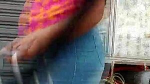 Voyeur spies on two juicy asses shaking in the crowded strawberry market center