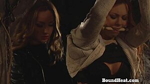 merciless madame binds and whips lesbian slave's big ass in garage domination