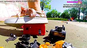 Kati the giantess crushes toy cars stomping plastic under sneakers