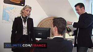 office threesome bends cougar over doggystyle double penetration stockings