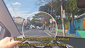 Redhead fingers pussy wildly risking it all at bus stop!