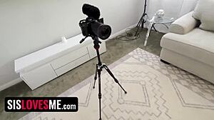 innocent looking babe in fishnets rides cock after steamy interview and blowjob on the sofa