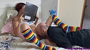 Daddy suckin' stepdaughter's tight pussy in stockings got me soakin' wet already...