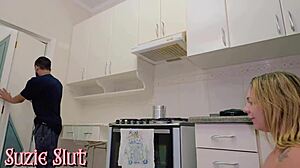 Stepson pounds naughty stepmother's ass in kitchen