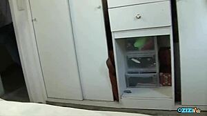 busty babe stuffs shaved pussy with cock in fishnets