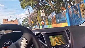 Redhead fingers pussy wildly risking it all at bus stop!