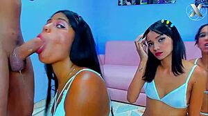 Stepdad's eyes widen as slutty stepsisters team up for his deepthroat surprise