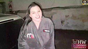 Slutty wife monica lima flashes open ass in robe for hubby's friends in garage!