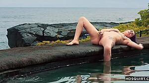 Free spirit cat asstrophe relaxes by the shore with natural outdoor squirting vibes