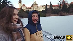 Kinky couple swaps wife for first threesome while boyfriend watches through glass