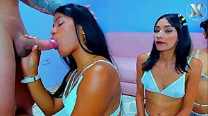 Stepdad's eyes widen as slutty stepsisters team up for his deepthroat surprise