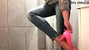 desperate housewife soaks jeans and pink high heels with gushing pee fetish stream