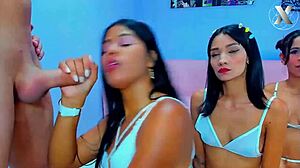 Stepdad's eyes widen as slutty stepsisters team up for his deepthroat surprise