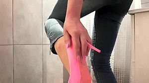 desperate housewife soaks jeans and pink high heels with gushing pee fetish stream