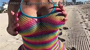 Whoa gorgeous blonde milf flaunts big ass tits on beach