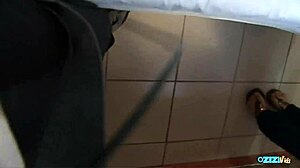 busty babe stuffs shaved pussy with cock in fishnets