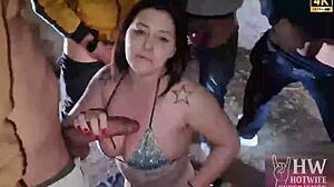 Slutty wife monica lima flashes open ass in robe for hubby's friends in garage!