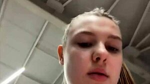 blonde teen shakes with overwhelming pleasure masturbating hard in the gym