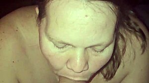 big nipple milf kneels eagerly, slurping and gagging on my throbbing monster cock shaft