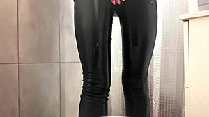 desperate housewife soaks jeans and pink high heels with gushing pee fetish stream