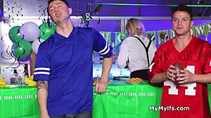 Freeuse sexy blonde bartender shared in hardcore group blowjob game!